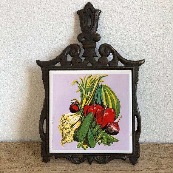 Vintage Cast Iron Vegetable Trivet, Ceramic Tile with Frame - Picture 1 of 5